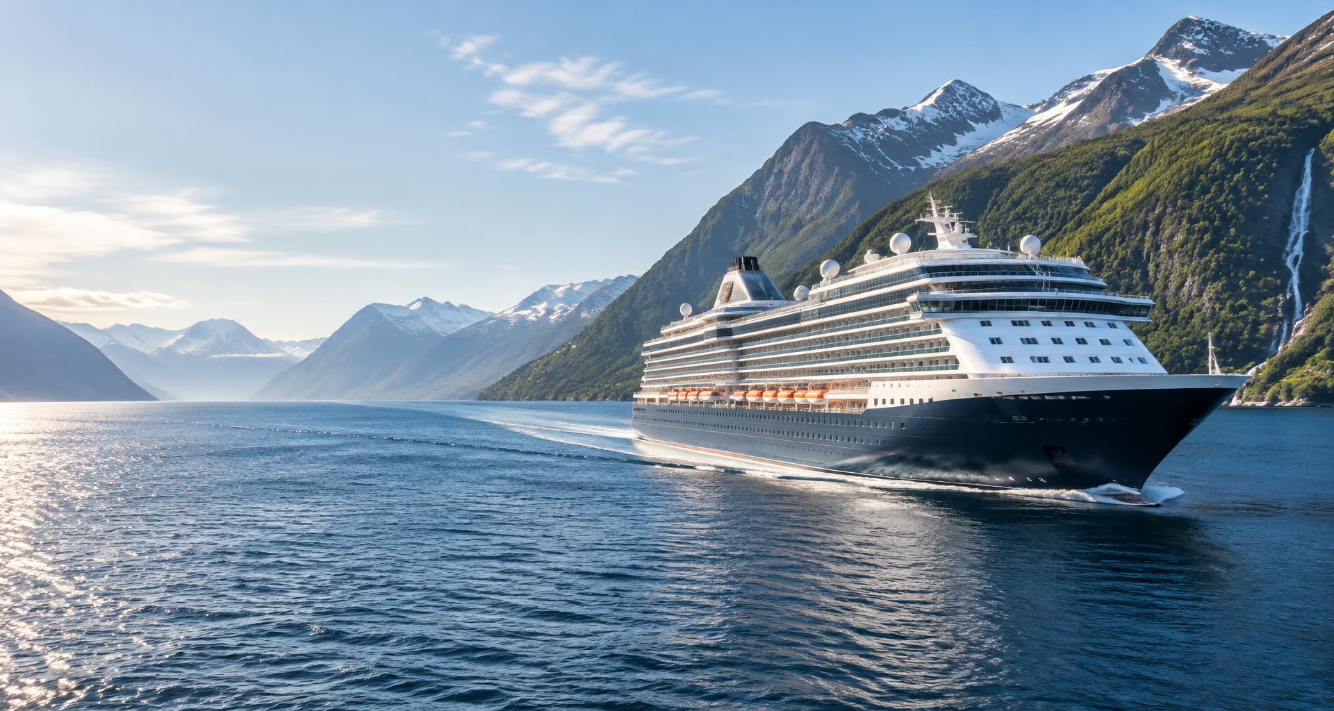 Illustrative luxury cruise ship sailing through a sunlit Norwegian fjord